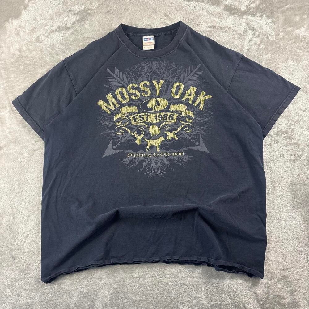 Y2K Mossy Oak T-Shirt Men’s XL Black Jerzees Heavyweight Hunting Graphic